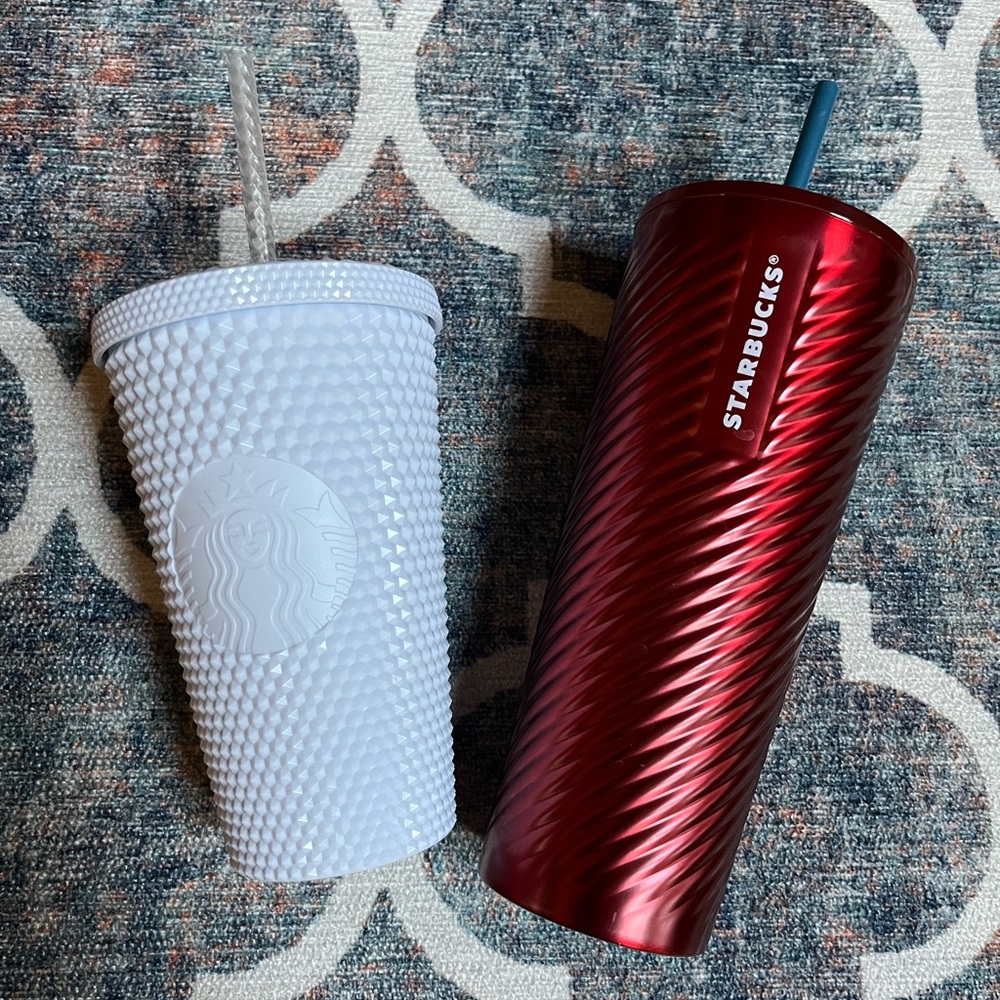 ☕️Starbucks Red Metallic Swirl Tumbler & White Studded Cold Cup Duo☕️